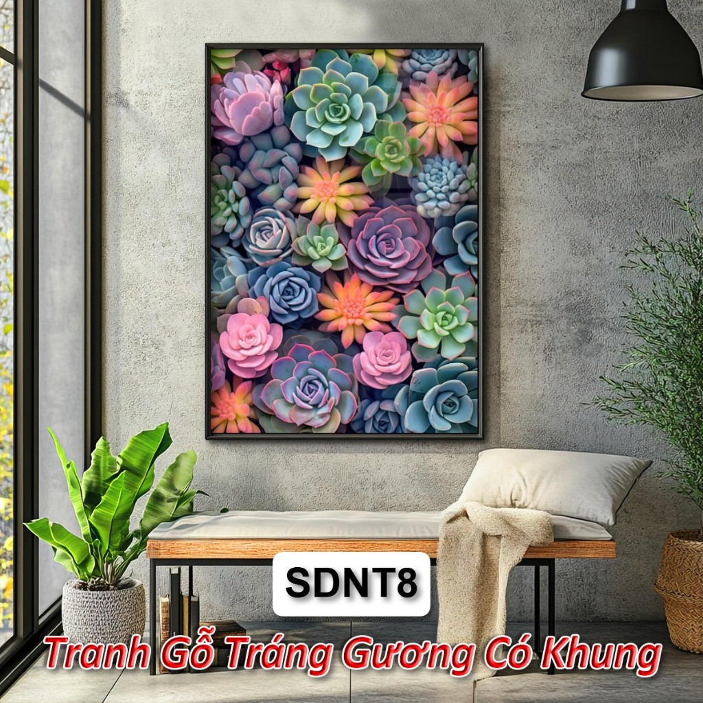 Tranh Phong Thủy Sen Đá – Tranh Gỗ Tráng GƯơng Tô Điểm Không Gian, Hút Vượng Khí, Giảm Căng Thẳng