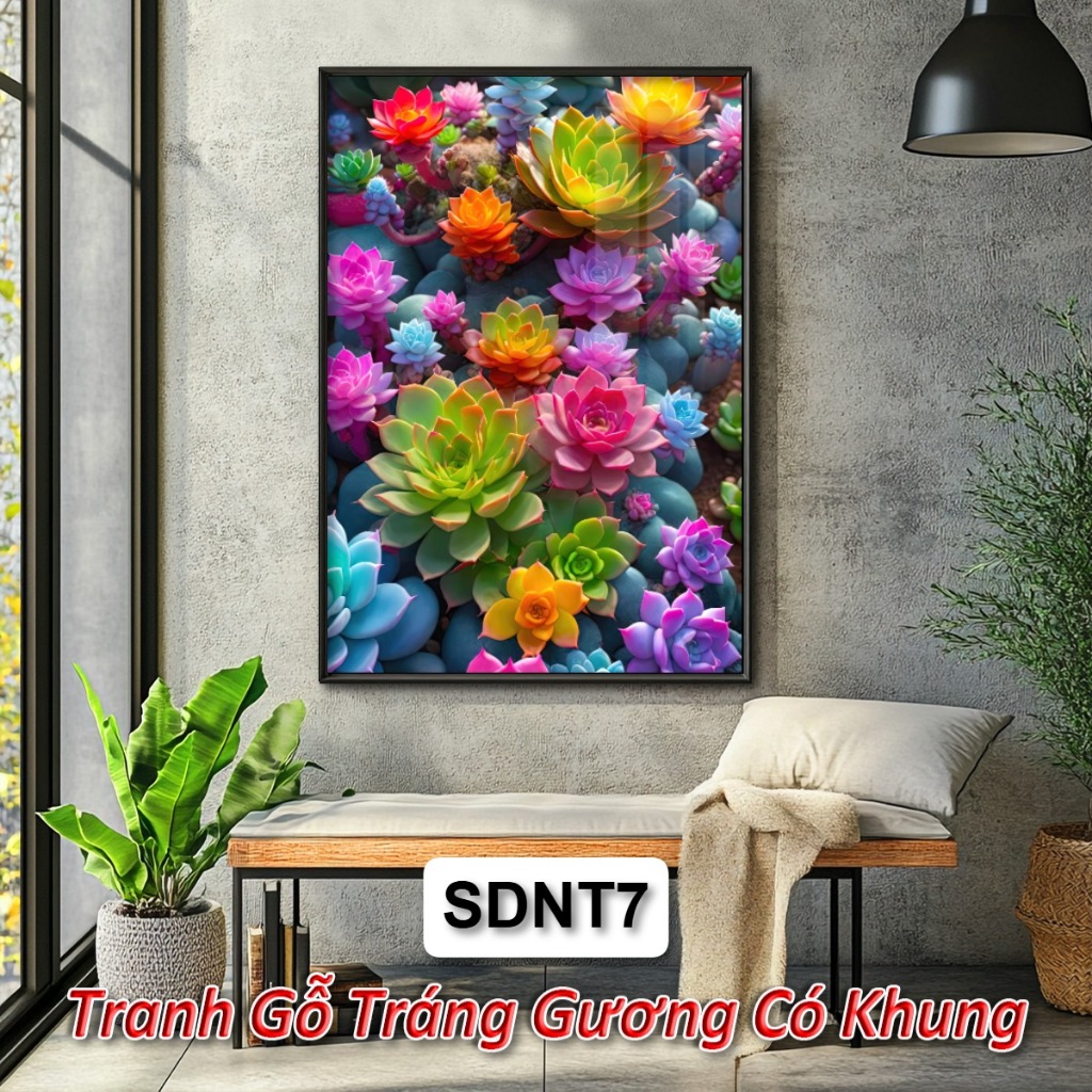 Tranh Phong Thủy Sen Đá – Tranh Gỗ Tráng GƯơng Tô Điểm Không Gian, Hút Vượng Khí, Giảm Căng Thẳng