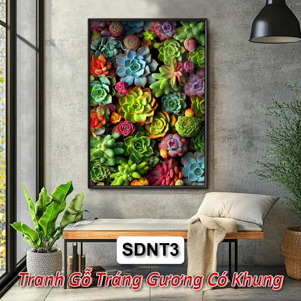 Tranh Phong Thủy Sen Đá – Tranh Gỗ Tráng GƯơng Tô Điểm Không Gian, Hút Vượng Khí, Giảm Căng Thẳng