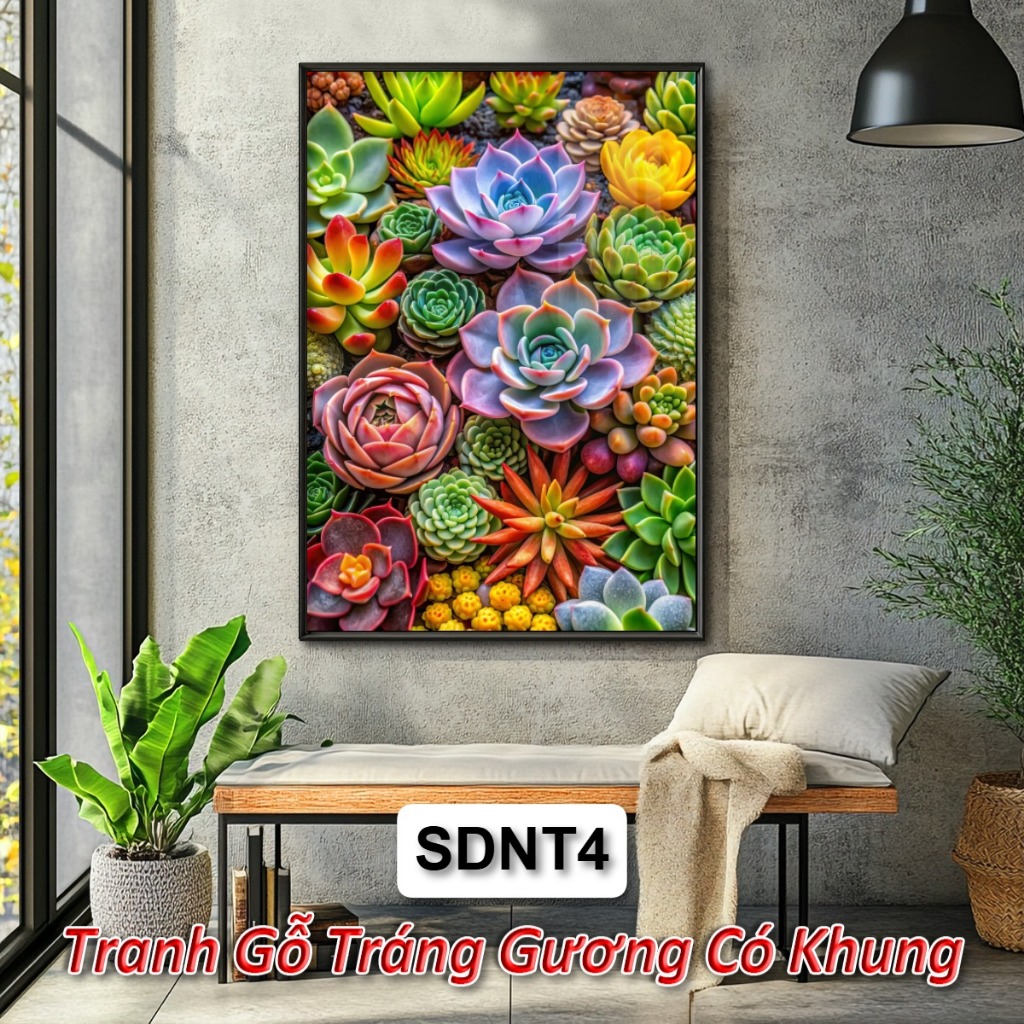 Tranh Phong Thủy Sen Đá – Tranh Gỗ Tráng GƯơng Tô Điểm Không Gian, Hút Vượng Khí, Giảm Căng Thẳng
