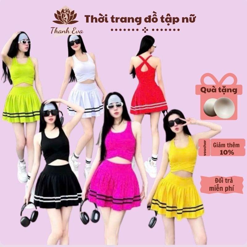 Bộ váy thể thao tập aerobic, tập nhảy, đi bơi, Pickleball ... chất thun poly co giãn