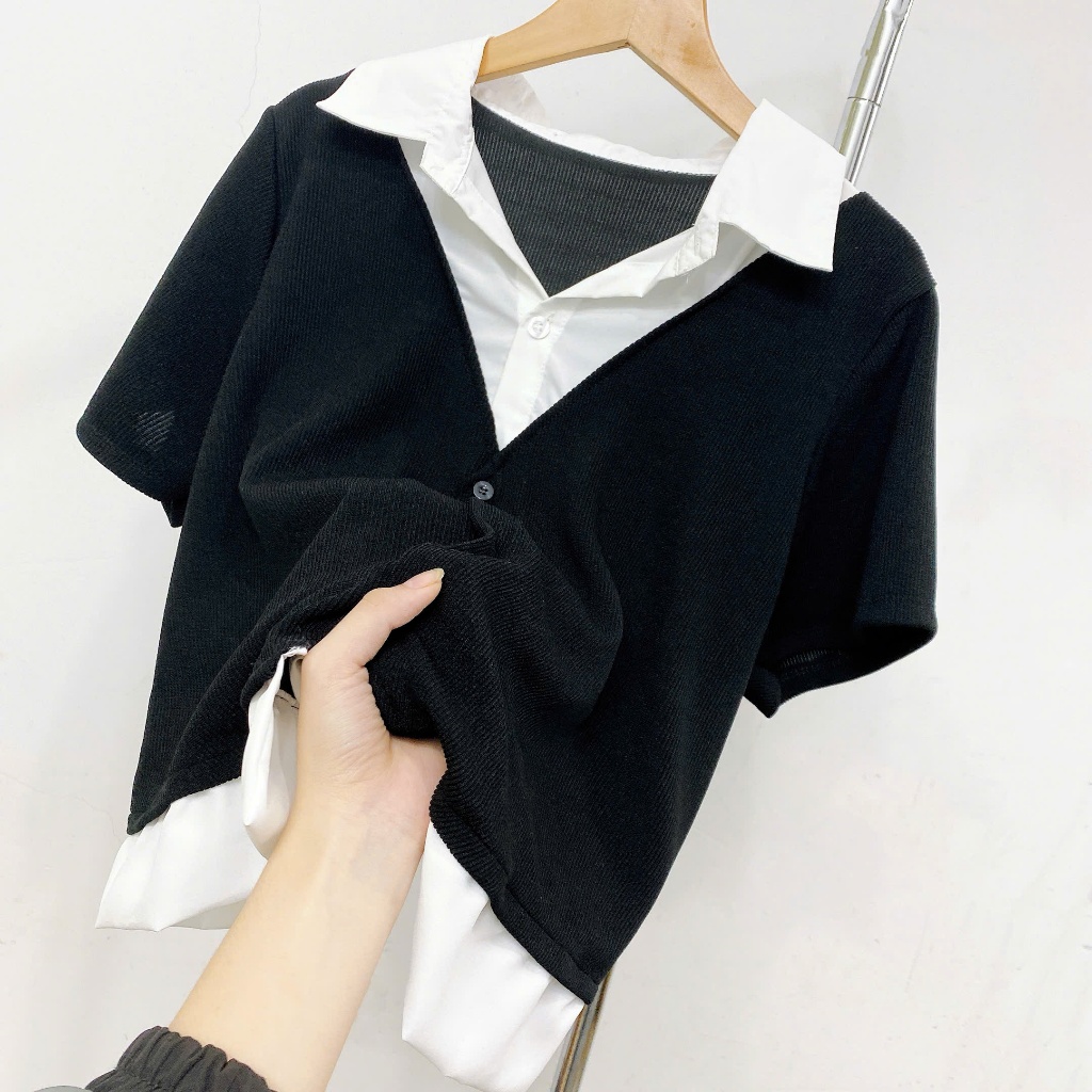 Ảnh Áo Sơ Mi Bigsize Nữ Tay Ngắn Kiểu Giả Hai Lớp Vải Xoa Kẻ Sọc Phối Nỉ Tăm Cá Tính SM185 3