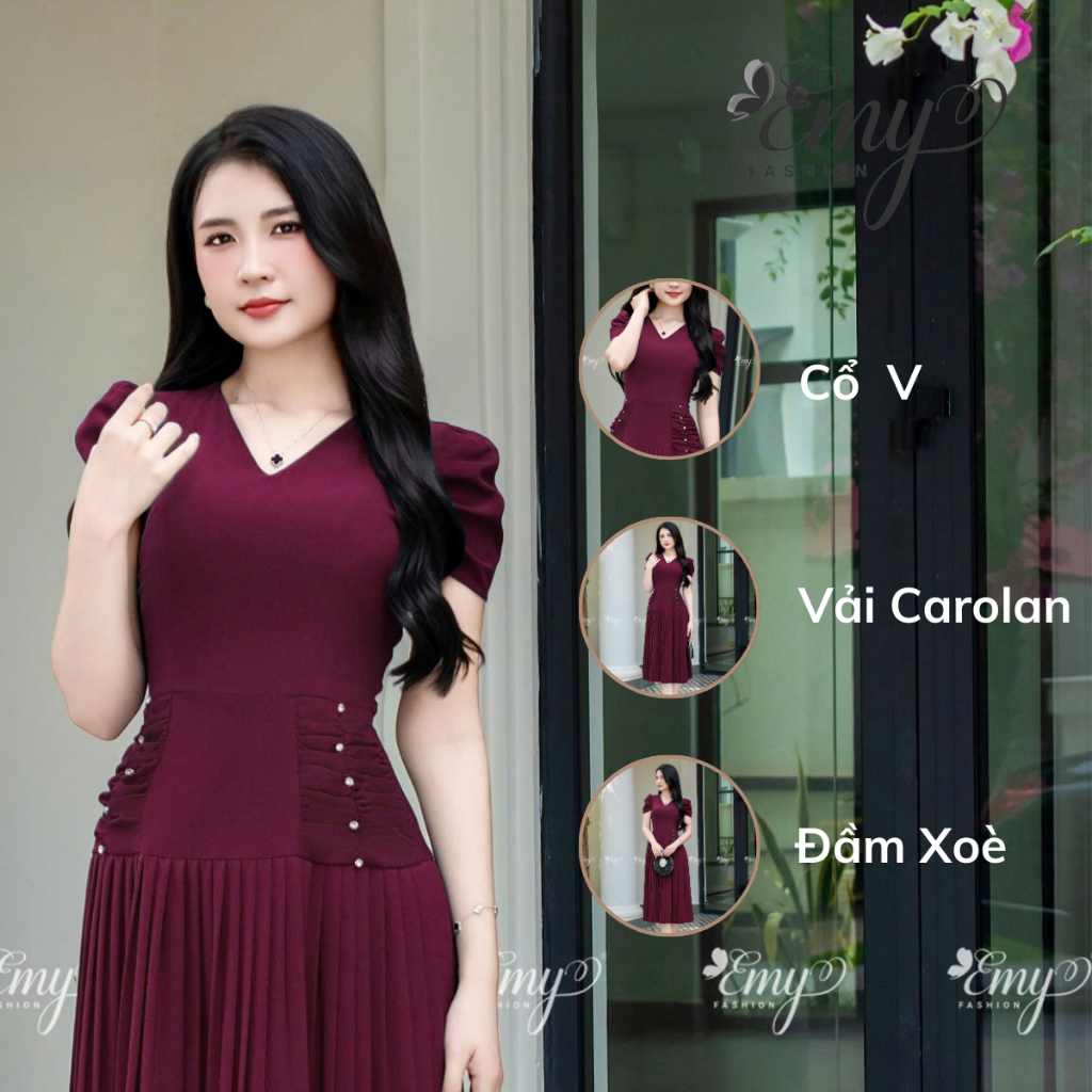 Ảnh Đầm Thiết Kế EMY Thời Trang Cao Cấp EM7685 Vải Carolan,Nền Đỏ Sang Chảnh Đi Tiệc 3