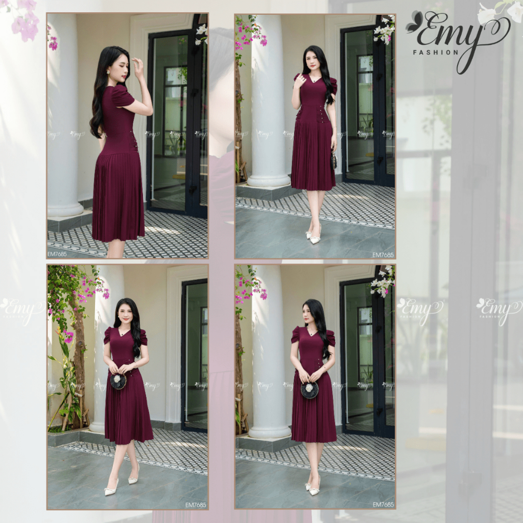 Ảnh Đầm Thiết Kế EMY Thời Trang Cao Cấp EM7685 Vải Carolan,Nền Đỏ Sang Chảnh Đi Tiệc 1
