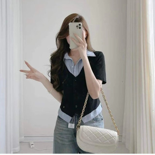 Áo Sơ Mi Bigsize Nữ Tay Ngắn Kiểu Giả Hai Lớp Vải Xoa Kẻ Sọc Phối Nỉ Tăm Cá Tính SM185