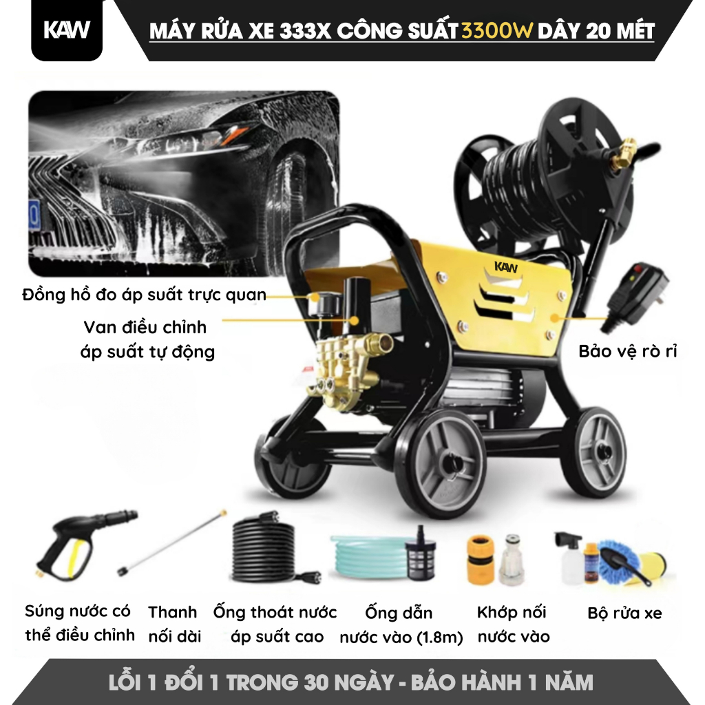 Máy Rửa Xe Công Nghiệp KAW Tầm Phun Xa 20M, Công Suất Lớn 3000W, Dây Ra Vào 20 Mét Dễ Dàng Sử Dụng
