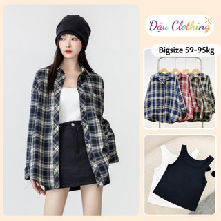 Set Áo Sơ Mi Bigsize Nữ 2 Món (Somi Caro Khoác Ngoài + Áo Ba Lỗ) Phong Cách Vintage Cho Chubby