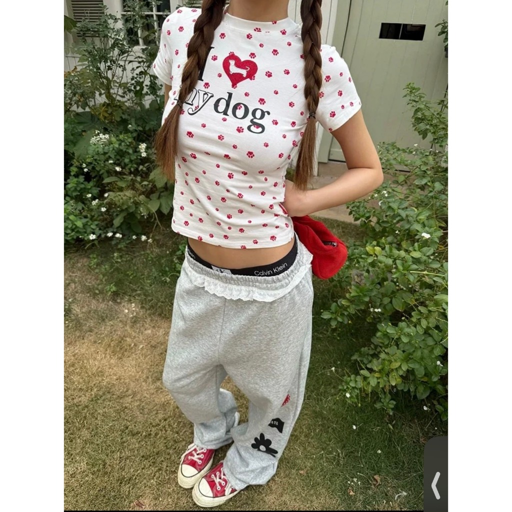 (sẵn)Áo thun baby tee màu trắng cổ tròn hoạ tiết chân cún đỏ chữ MY DOG ABBT030 - Tiktik