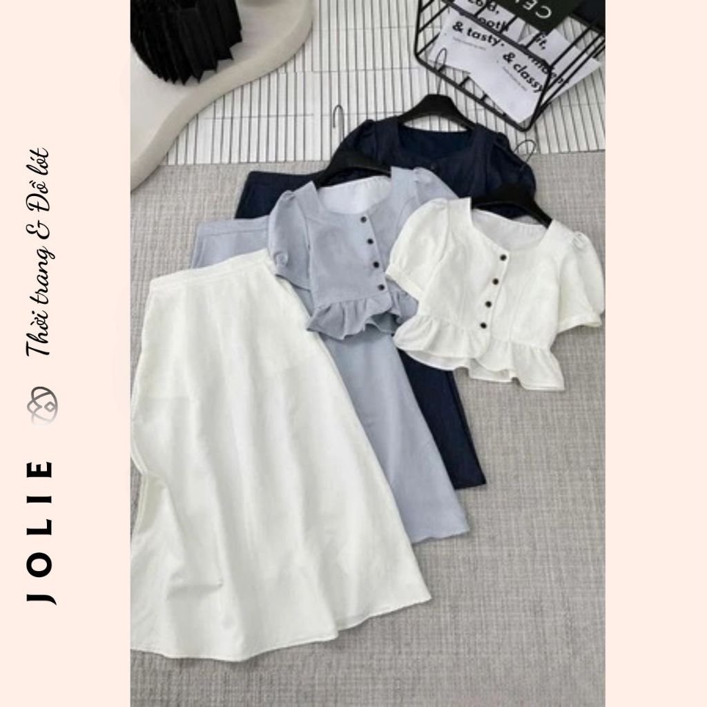 Set đồ bộ áo cổ tròn tay bồng phối chân váy xòe dài siêu xinh JOLIE