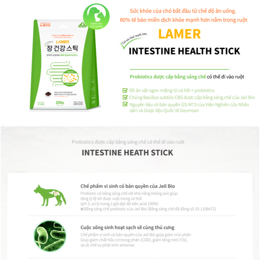 NEW VIÊN ĂN VẶT MEN VI SINH HỖ TRỢ TIÊU HÓA CHO CHÓ MÈO LAMER INTESTINE HEALTH STICK 50g | 200g