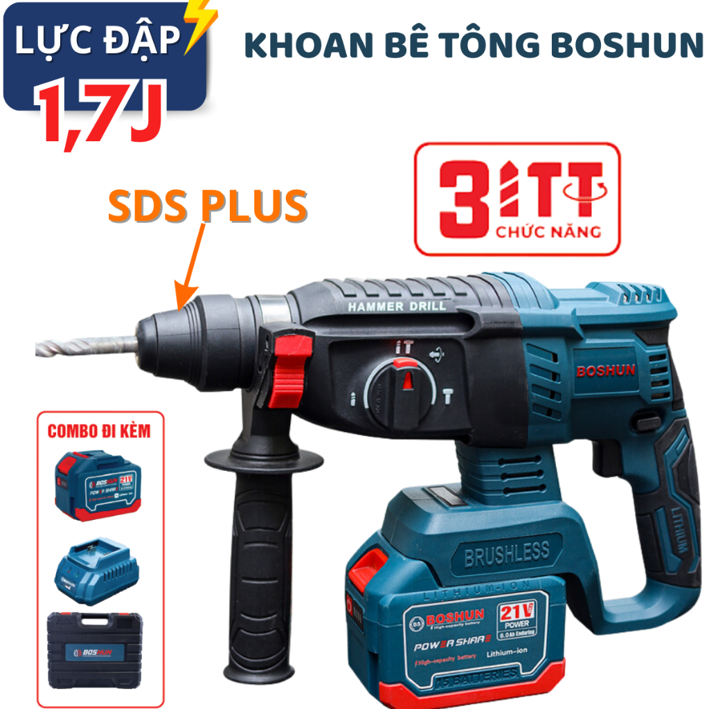 [TẶNG MŨI KHOAN] Máy Khoan Đục Bê Tông 3 Chức Năng BS-G2803H Boshun, Đầu Kẹp Autolock, 100% Ruột Động, Không Chổi Than