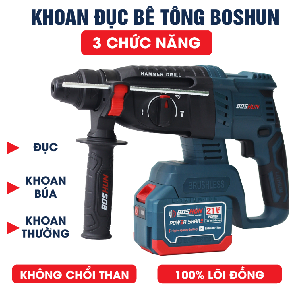 [TẶNG MŨI KHOAN] Máy Khoan Đục Bê Tông 3 Chức Năng BS-G2803H Boshun, Đầu Kẹp Autolock, 100% Ruột Động, Không Chổi Than
