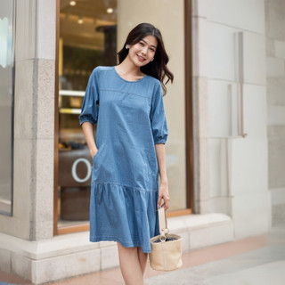SWANLAKE | Váy Đầm Denim Jean Wash Mềm Suông Đuôi Cá Xòe Cổ Tròn Tay Phồng Có Túi Công Sở - D11295