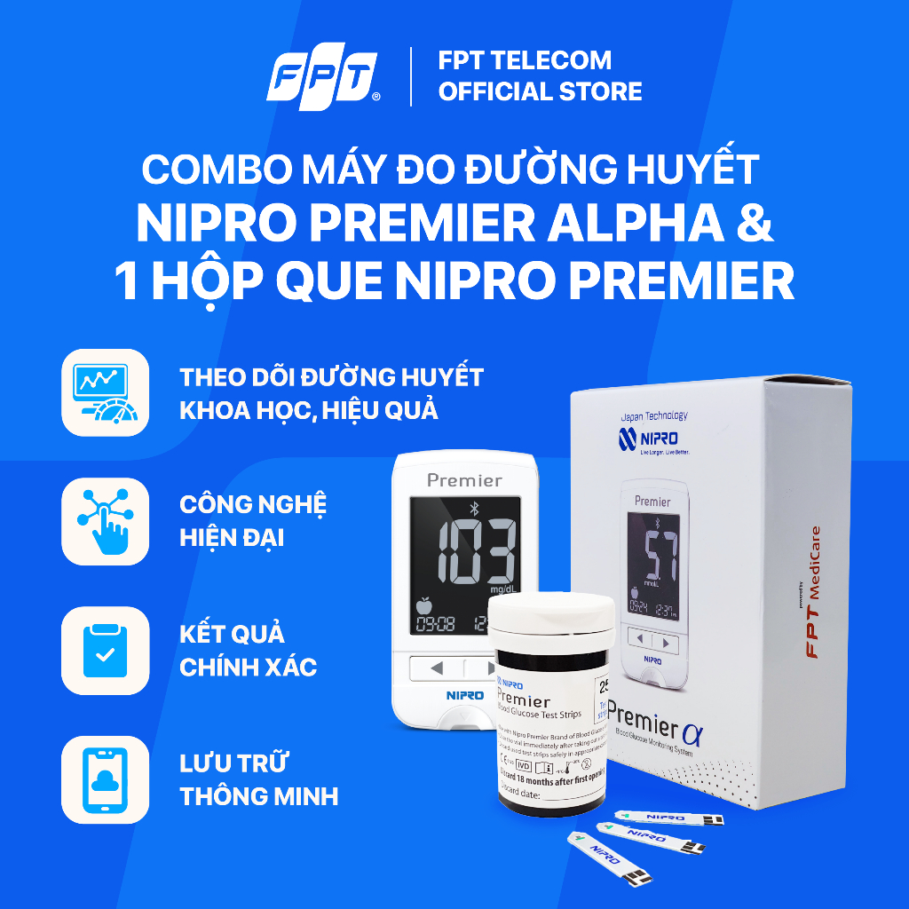 Ảnh Combo Máy đo đường huyết liên tục 3P + Combo Máy đo đường huyết Nipro Premier Alpha + 01 hộp que NIPRO Premier 1