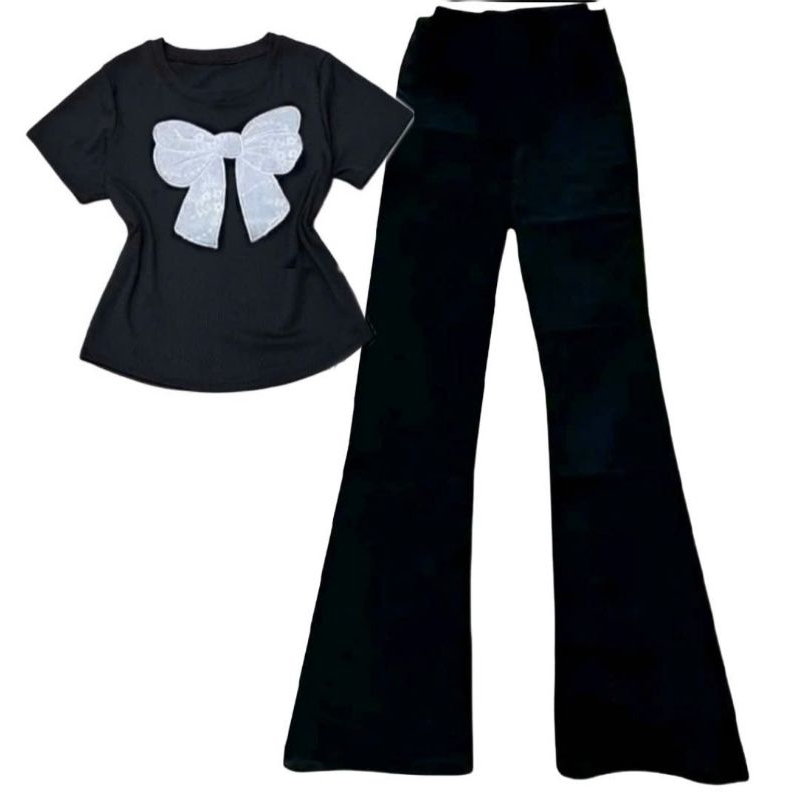 Sét bộ đồ quần ống loe cạp cao co dãn thoải mái + mix áo croptop  tăm lạnh - in Hình Nơ Trắng xinh xắn