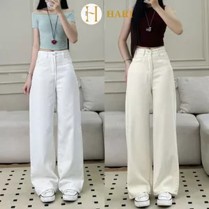 Quần jean ống rộng Hari màu kem, trắng ống suông rộng phong cách Hàn Quốc.