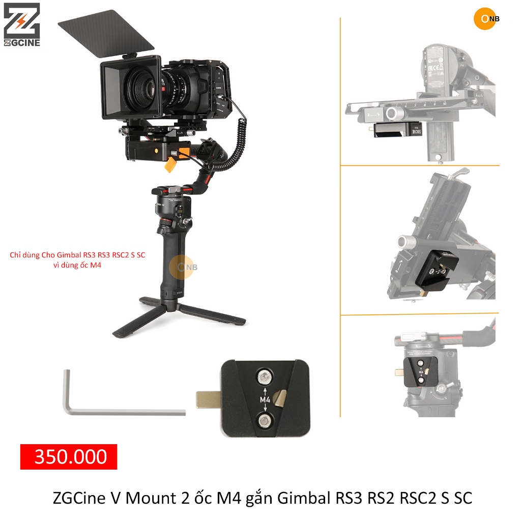 ZGCine gắn Pin V Mount dùng 2 ốc M4 gắn Gimbal RS4 RS3 RS2 bên hông ...