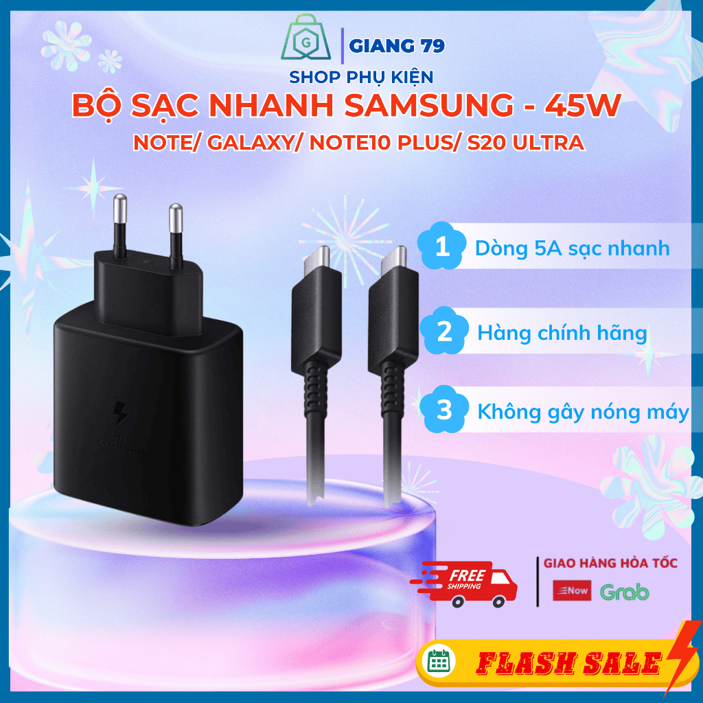 Bộ Sạc Siêu Nhanh Samsung-45W Cáp C To C, Cho các dòng Note10, Note20 S21 S22 S22 Plus S22 Ultra...