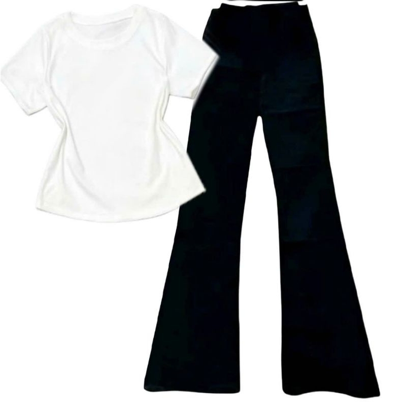 Sét Bộ Quần Ống Loe Cạp Cao tôn dáng + mix áo Thun tăm lạnh croptop trơn