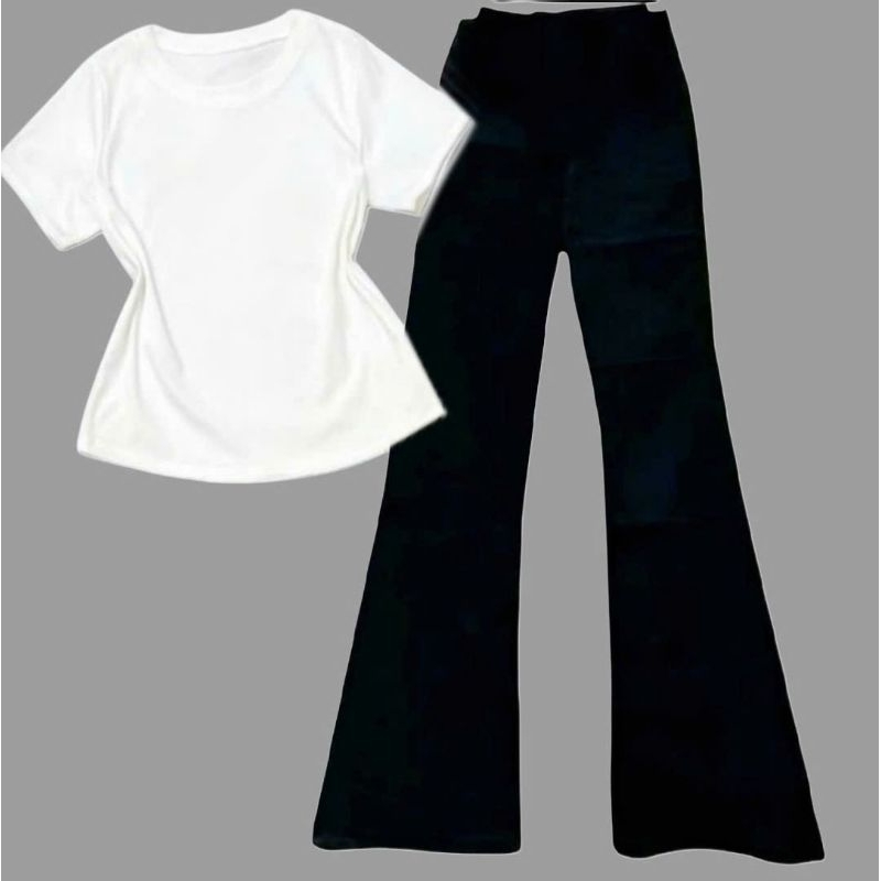 Sét Bộ Quần Ống Loe Cạp Cao tôn dáng + mix áo Thun tăm lạnh croptop trơn