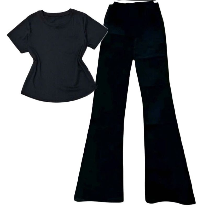 Sét Bộ Quần Ống Loe Cạp Cao tôn dáng + mix áo Thun tăm lạnh croptop trơn