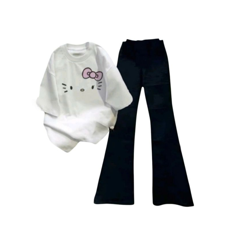 Sét bộ quần loe 4 sọc chất co dãn dài 95cm+ mix áo phông mèo nơ Đơn Giản Bassic