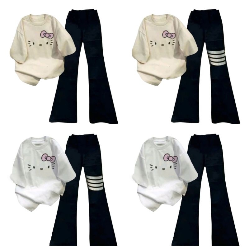 Sét bộ quần loe 4 sọc chất co dãn dài 95cm+ mix áo phông mèo nơ Đơn Giản Bassic