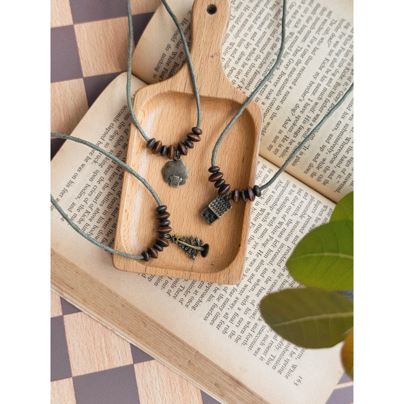 Vòng cổ Matsu - Dây chuyền charm cây thông / cây tròn / ngôi nhà mix hạt gỗ vintage