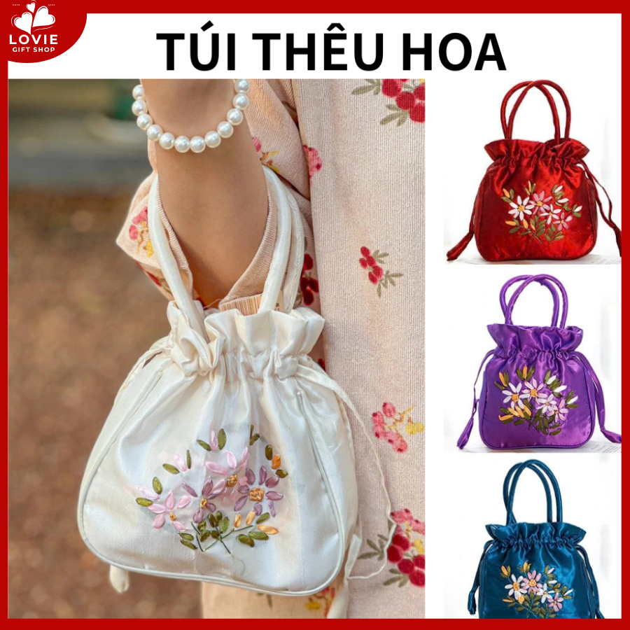 Túi dây rút, túi xách dây rút thêu hoa vải lụa nhẹ nhàng, trang nhã ...