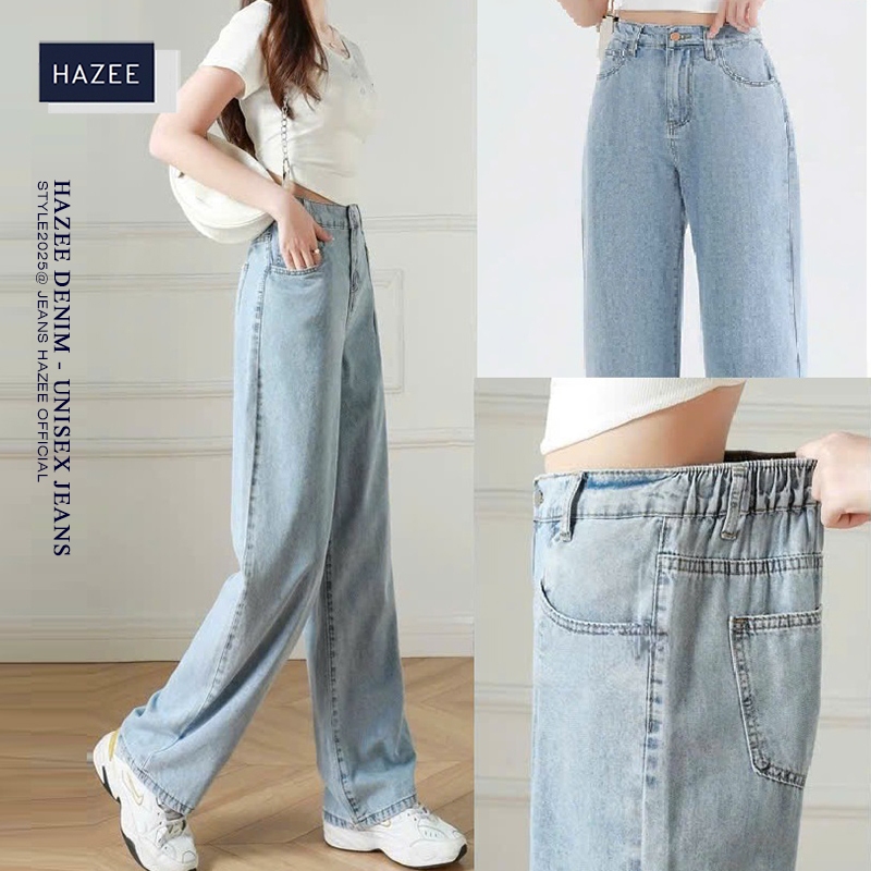 Quần Jean Nữ HAZEE Ống Suông 2in1 (Khóa + Chun) Vừa Co Giãn Thoáng Mát, Lưng Cao Trơn Sang Trọng