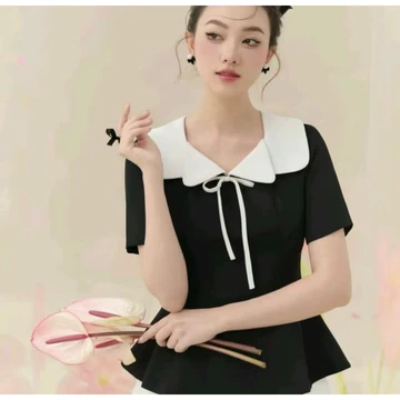 Áo kiểu bigsize nữ, áo công sở Peplum đen phối cổ viền trắng đi làm, đi chơi