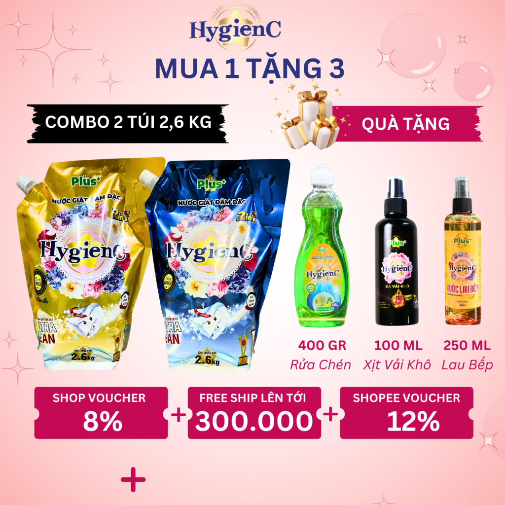 Ảnh Combo 2 Túi Nước Giặt Xả Đậm Đặc HygienC Plus 2.6Kg/Túi Hương Nước Hoa - Hàng Chính Hãng 1