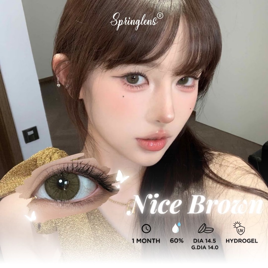 Kính áp tròng nâu rêu NICE BROWN tây sáng viền giãn tròng to 1 tháng | Spring Lens
