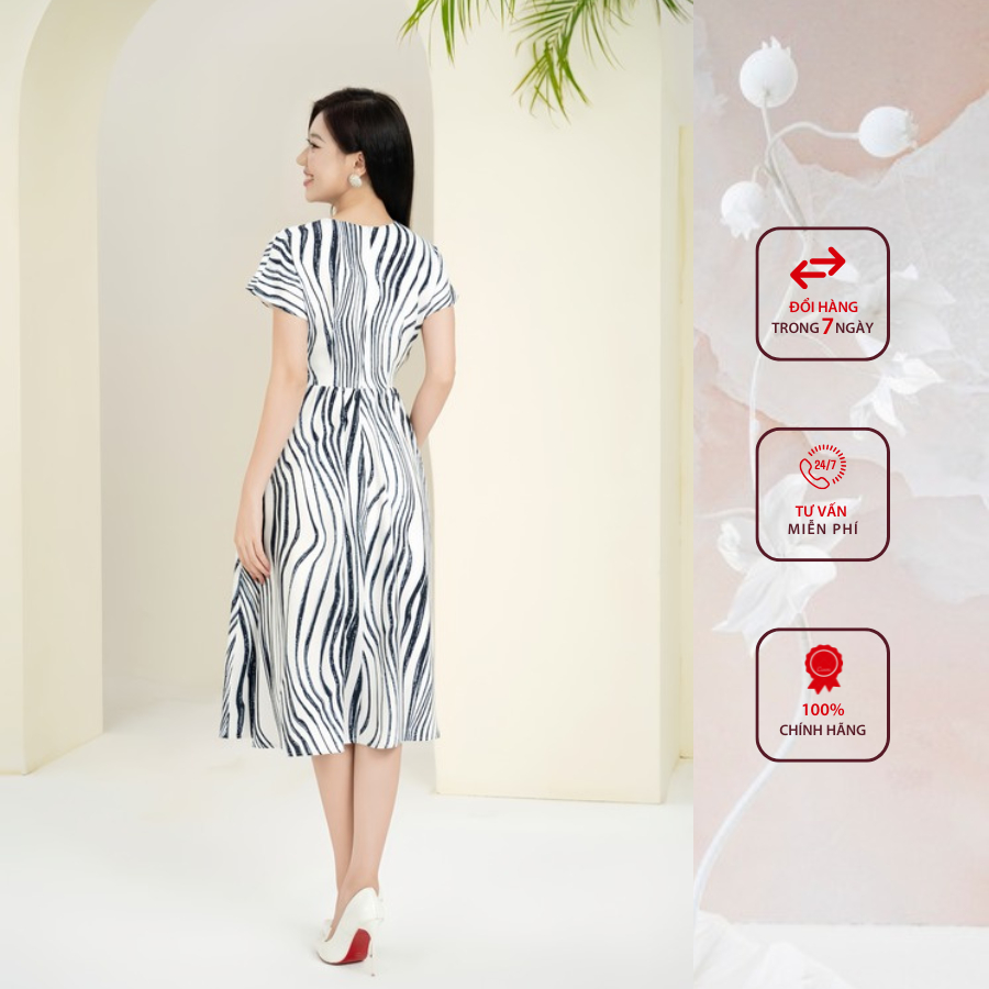 Đầm công sở HELEN thiết kế dáng xòe họa tiết báo đen trắng cổ V DL273