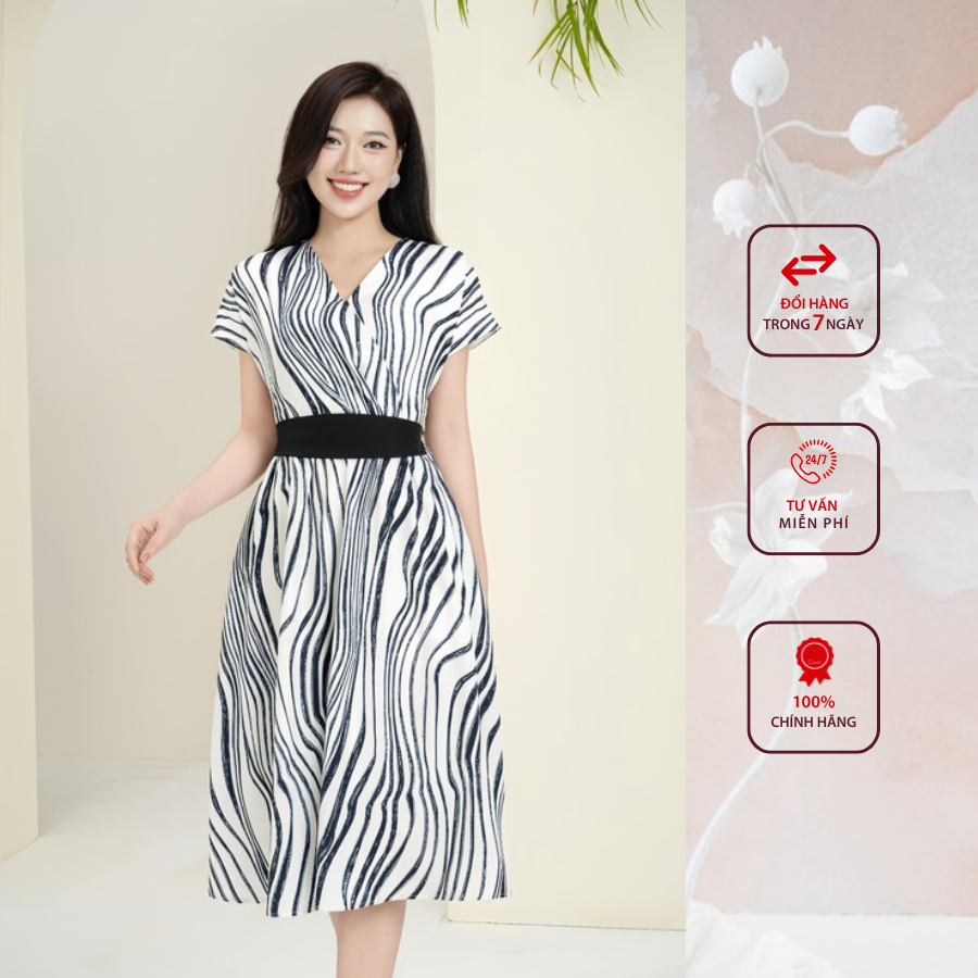Đầm công sở HELEN thiết kế dáng xòe họa tiết báo đen trắng cổ V DL273