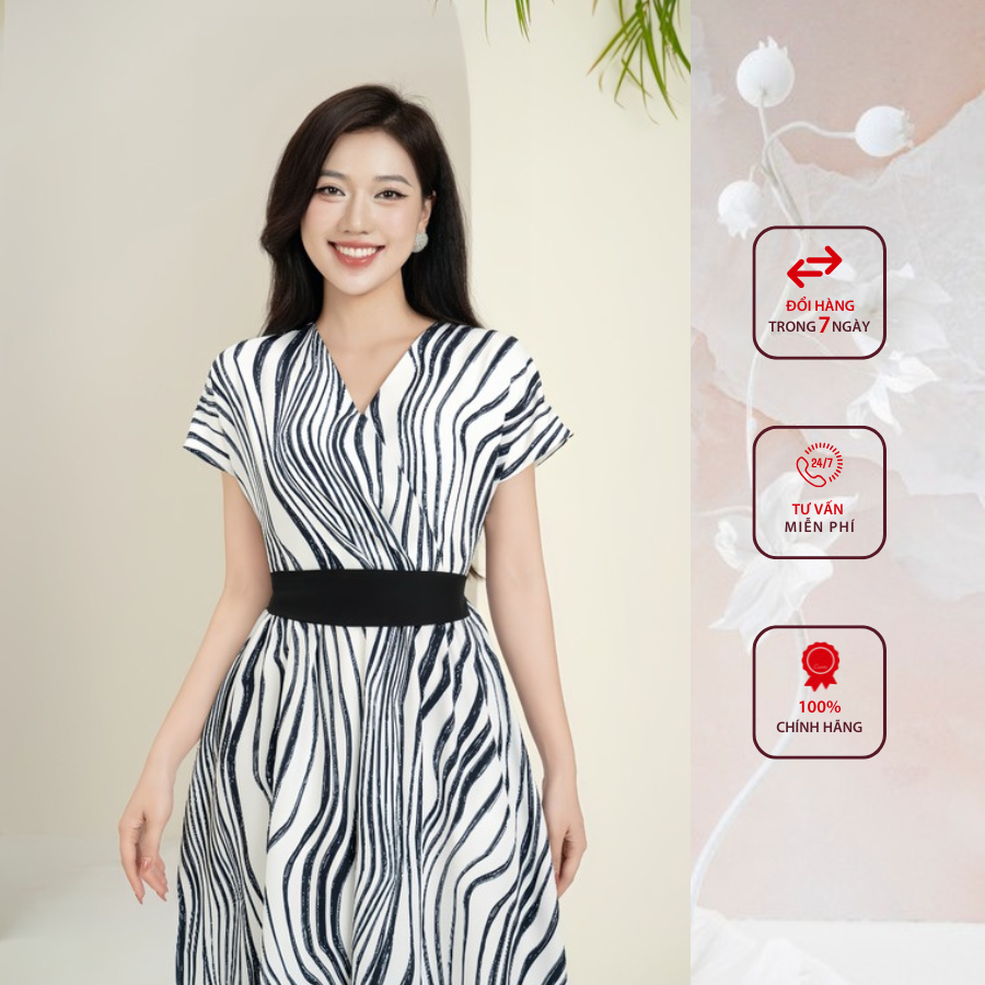 Đầm công sở HELEN thiết kế dáng xòe họa tiết báo đen trắng cổ V DL273