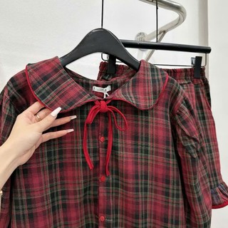 Bộ đồ ngủ nữ kiểu dáng vintage họa tiết caro cổ điển Phối Viền REn Nhẹ Nhàng