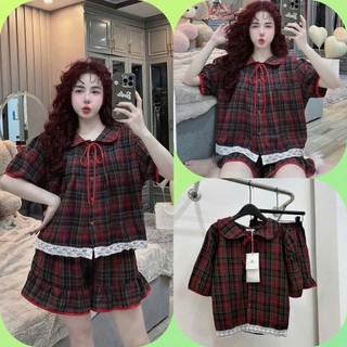 Bộ đồ ngủ nữ kiểu dáng vintage họa tiết caro cổ điển Phối Viền REn Nhẹ Nhàng