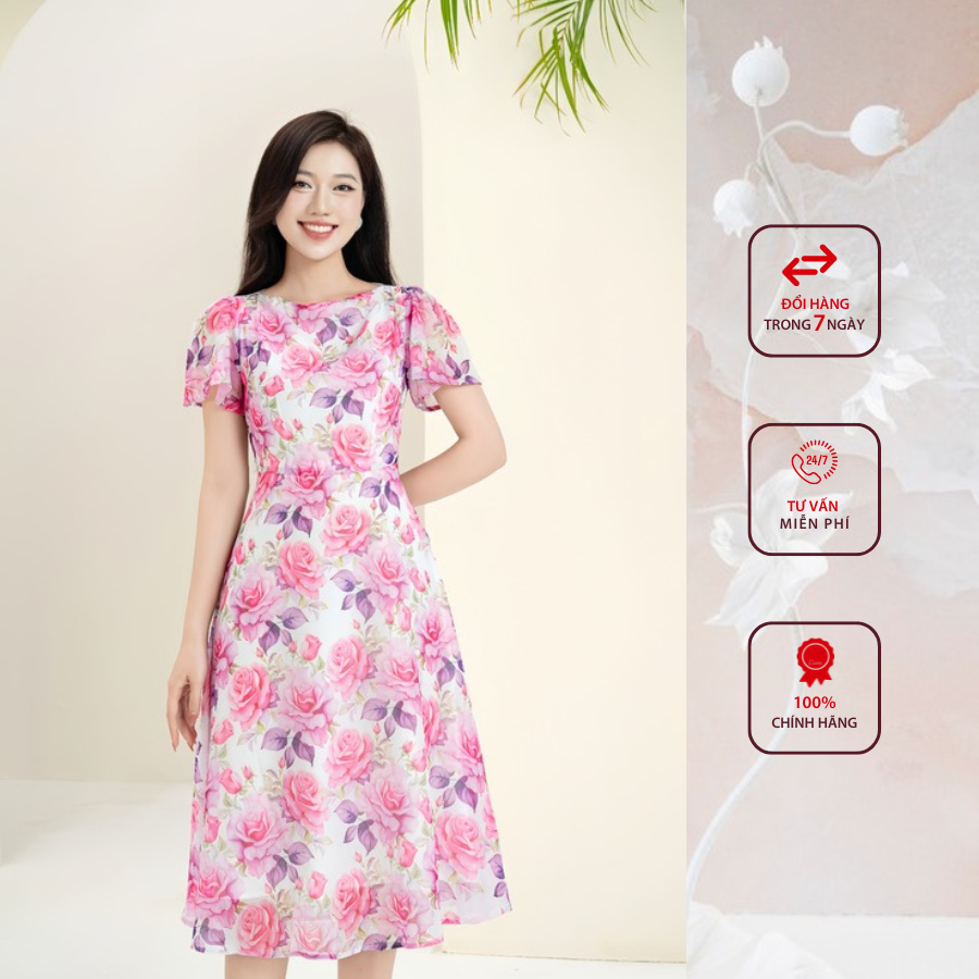 Đầm công sở HELEN thiết kế dáng xòe hoa hồng cổ thuyển nhún vai DL271