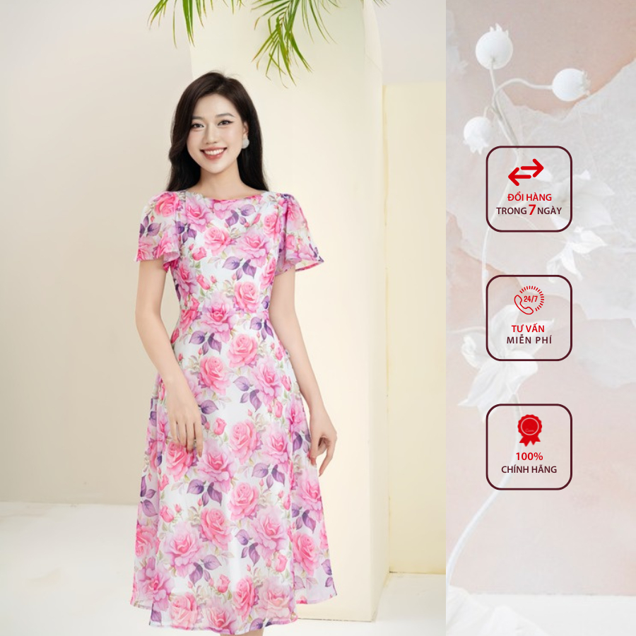 Đầm công sở HELEN thiết kế dáng xòe hoa hồng cổ thuyển nhún vai DL271
