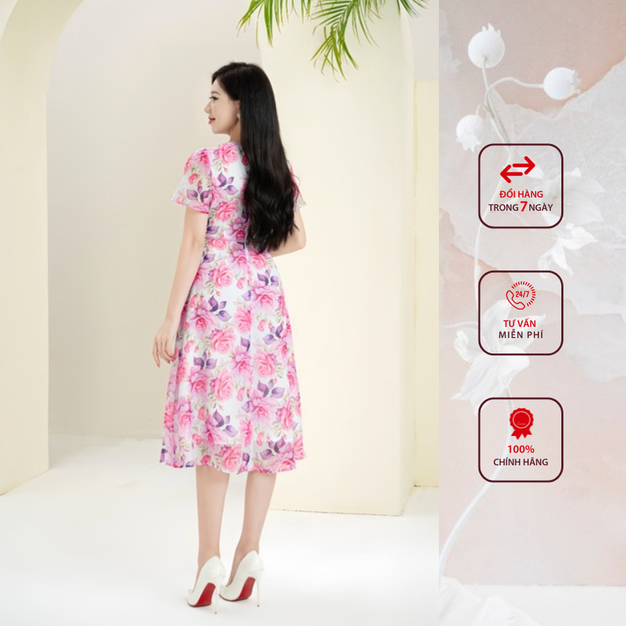 Đầm công sở HELEN thiết kế dáng xòe hoa hồng cổ thuyển nhún vai DL271