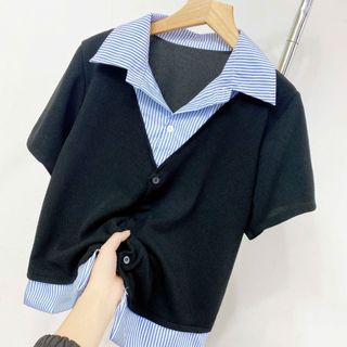 Áo kiểu bigzie nữ hai lớp ngắn tay kiểu ghi lê  phối cổ sơ mi kẻ sọc hottrend dễ phối đồ cho nàng chuppy - SM185