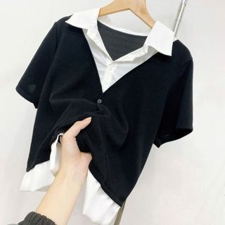 Áo kiểu bigzie nữ hai lớp ngắn tay kiểu ghi lê  phối cổ sơ mi kẻ sọc hottrend dễ phối đồ cho nàng chuppy - SM185