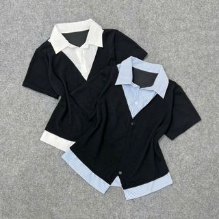 Áo kiểu bigzie nữ hai lớp ngắn tay kiểu ghi lê  phối cổ sơ mi kẻ sọc hottrend dễ phối đồ cho nàng chuppy - SM185