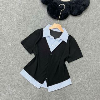 Áo kiểu bigzie nữ hai lớp ngắn tay kiểu ghi lê  phối cổ sơ mi kẻ sọc hottrend dễ phối đồ cho nàng chuppy - SM185
