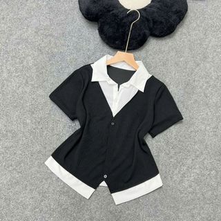 Áo kiểu bigzie nữ hai lớp ngắn tay kiểu ghi lê  phối cổ sơ mi kẻ sọc hottrend dễ phối đồ cho nàng chuppy - SM185
