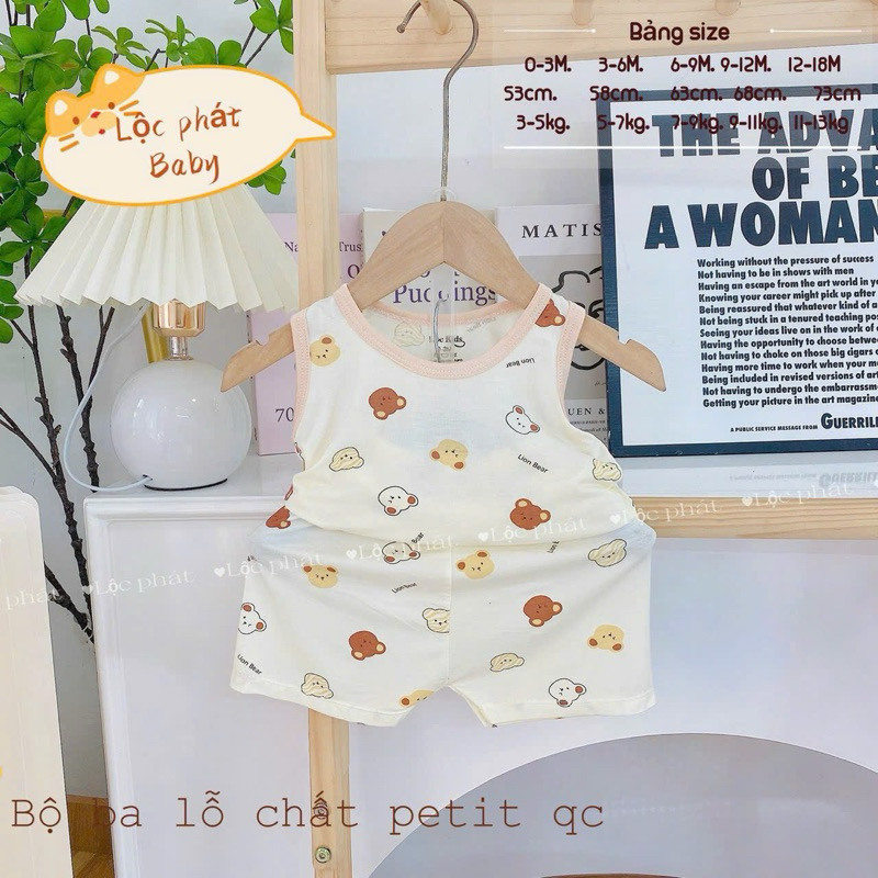 (LPBL 01) Bộ ba lỗ Lộc Phát chất petit họa tiết hoạt hình đáng yêu thoáng mát cho bé trai bé gái từ 3-14kg