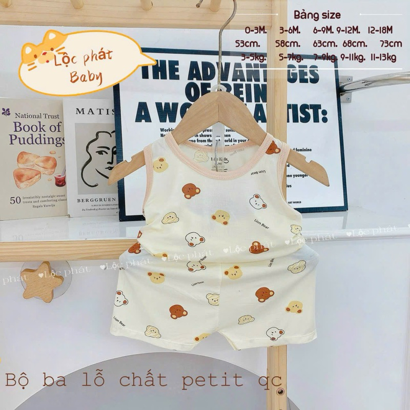 (LPBL 01) Bộ ba lỗ Lộc Phát chất petit họa tiết hoạt hình đáng yêu thoáng mát cho bé trai bé gái từ 3-14kg
