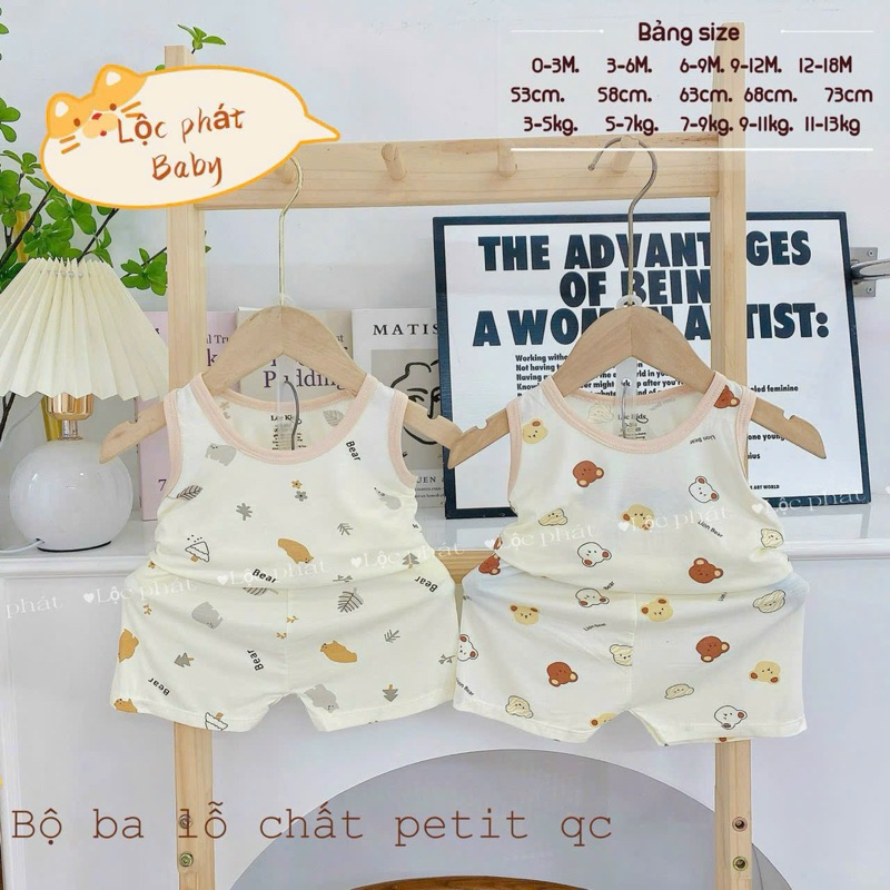 (LPBL 01) Bộ ba lỗ Lộc Phát chất petit họa tiết hoạt hình đáng yêu thoáng mát cho bé trai bé gái từ 3-14kg