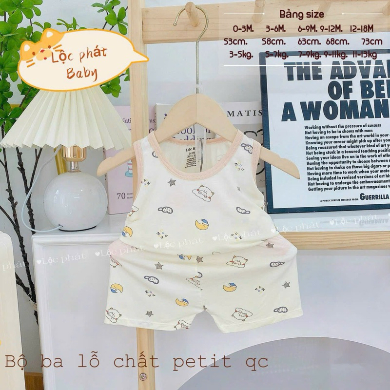 (LPBL 01) Bộ ba lỗ Lộc Phát chất petit họa tiết hoạt hình đáng yêu thoáng mát cho bé trai bé gái từ 3-14kg